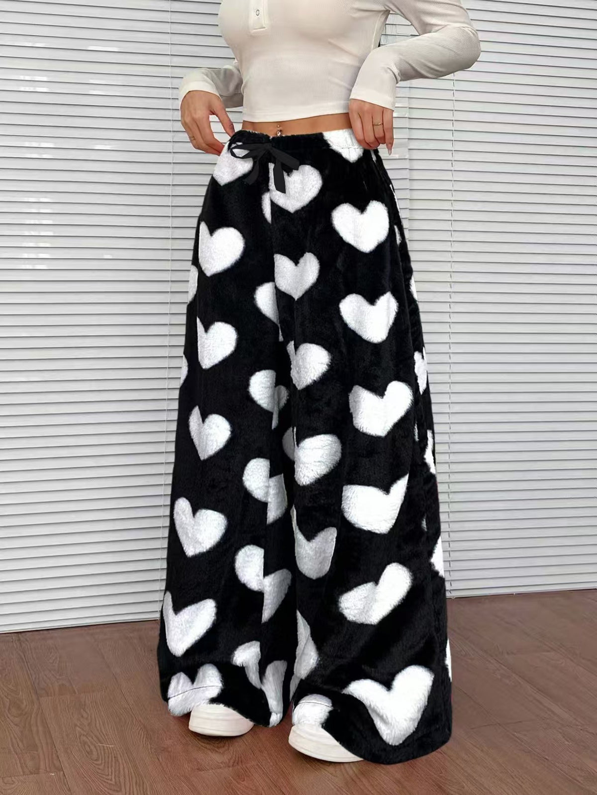 Printed Plush Wide Leg Lounge Pants - Love_White
