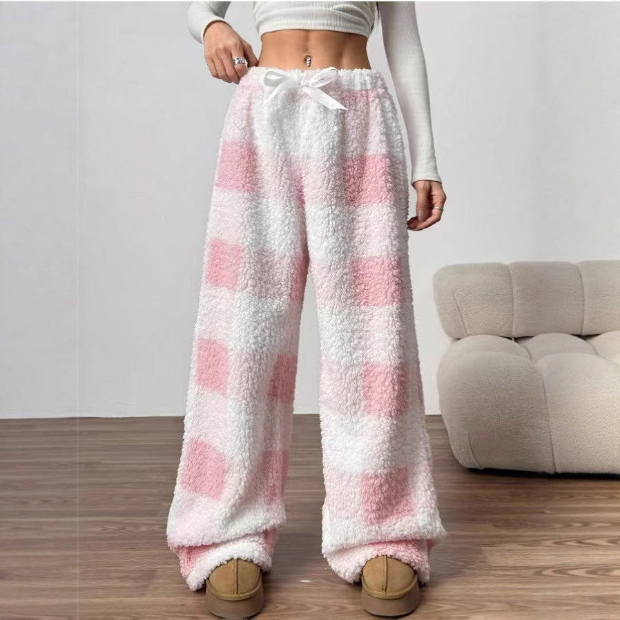 Printed Plush Wide Leg Lounge Pants - Pink