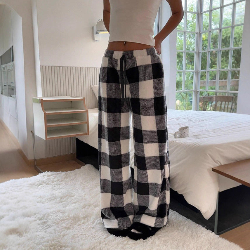 Printed Plush Wide Leg Lounge Pants - Plaid_Black