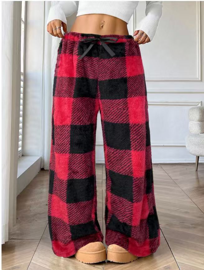 Printed Plush Wide Leg Lounge Pants - Plaid_Red