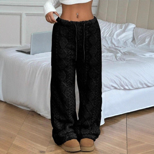 Printed Plush Wide Leg Lounge Pants - black