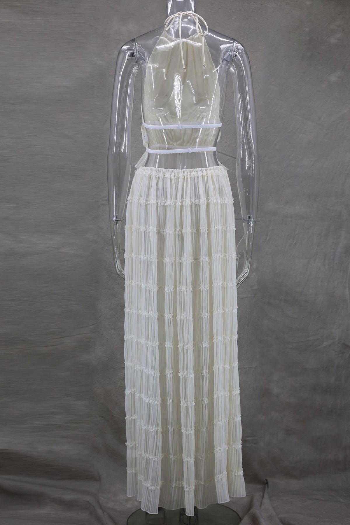 Tiered Crinkle Halter Top Maxi Skirt Set - Apricot - 3
