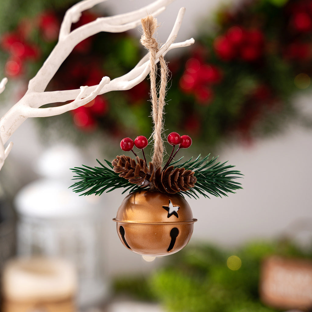 Rustic Jingle Bell Ornament with Pinecone Accent - Gold