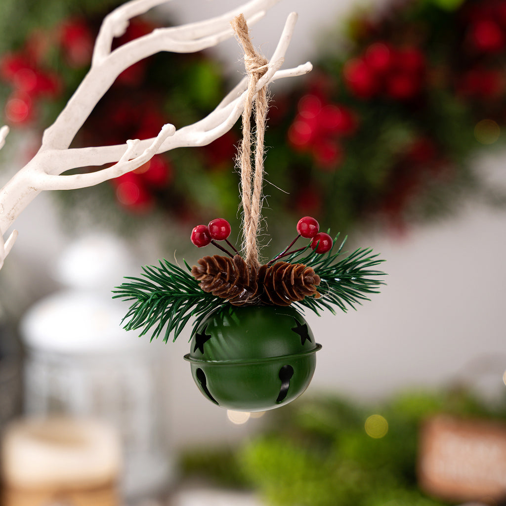 Rustic Jingle Bell Ornament with Pinecone Accent - Green