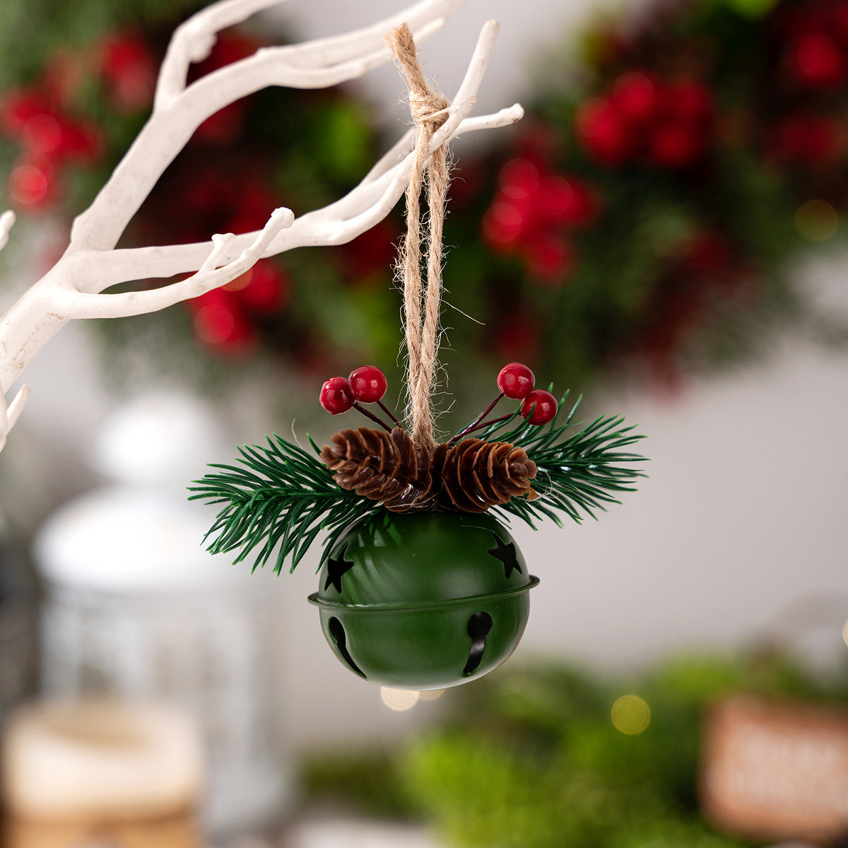 Rustic Jingle Bell Ornament with Pinecone Accent - Green