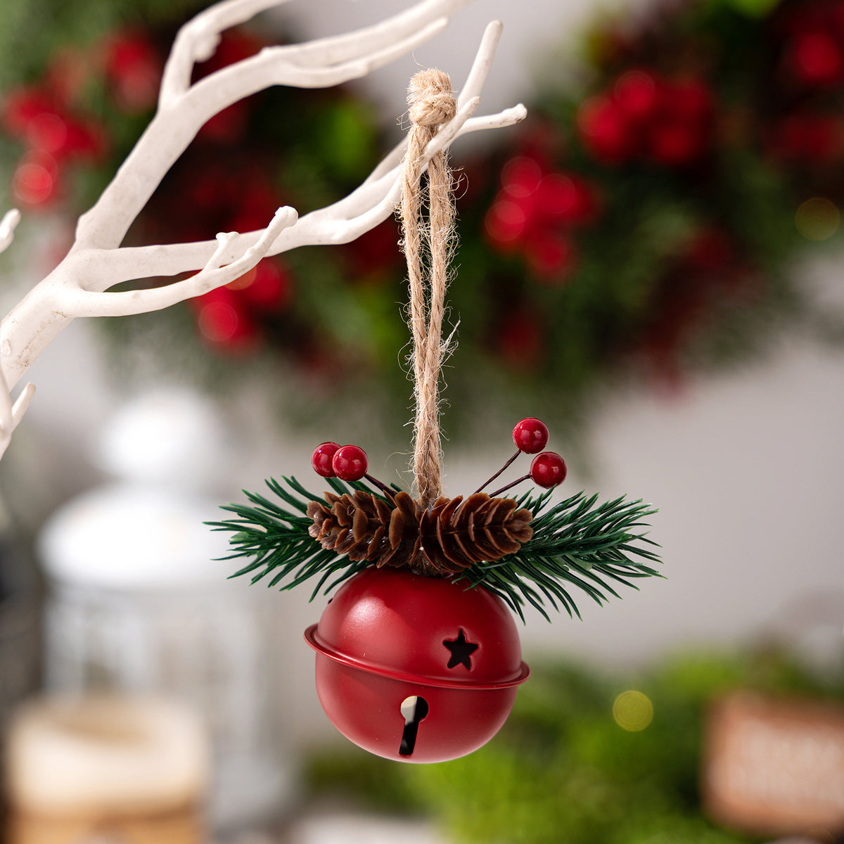 Rustic Jingle Bell Ornament with Pinecone Accent - Red