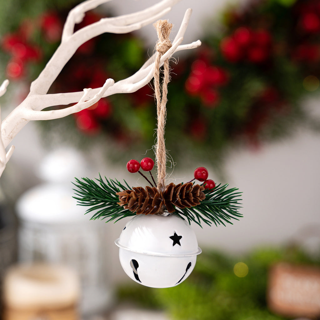 Rustic Jingle Bell Ornament with Pinecone Accent - White