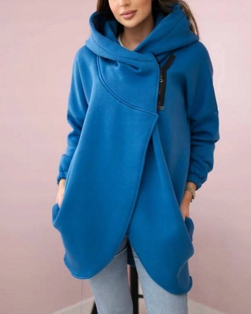 Asymmetric Zip Longline Hoodie Sweatshirt - Blue