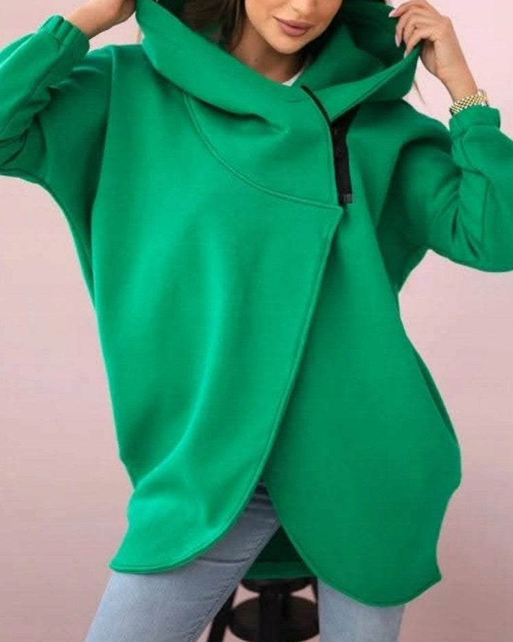 Asymmetric Zip Longline Hoodie Sweatshirt - Green