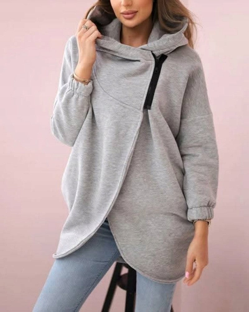 Asymmetric Zip Longline Hoodie Sweatshirt - LightGray