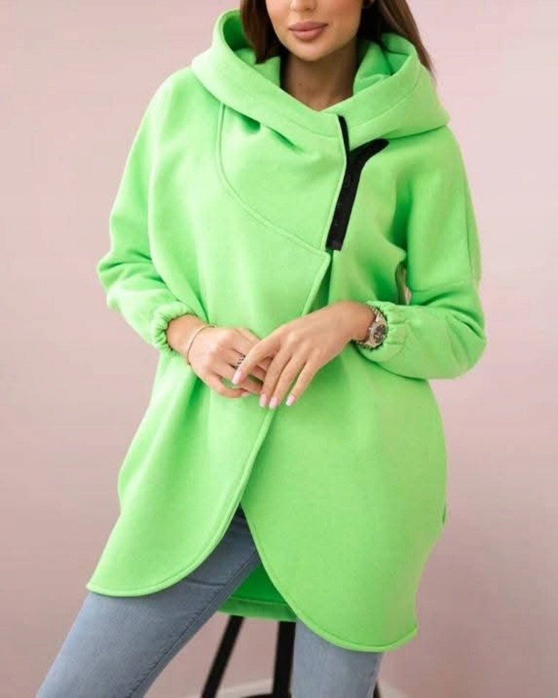Asymmetric Zip Longline Hoodie Sweatshirt - LightGreen
