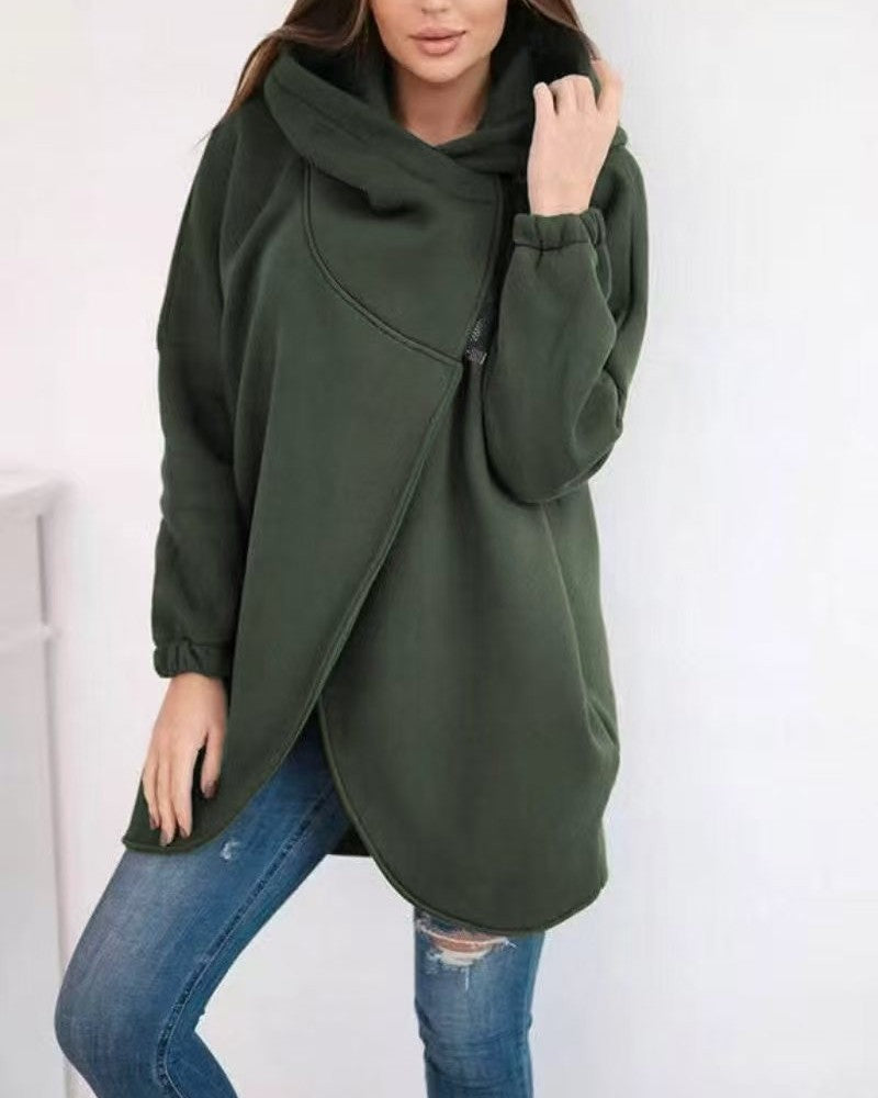 Asymmetric Zip Longline Hoodie Sweatshirt - MGreen