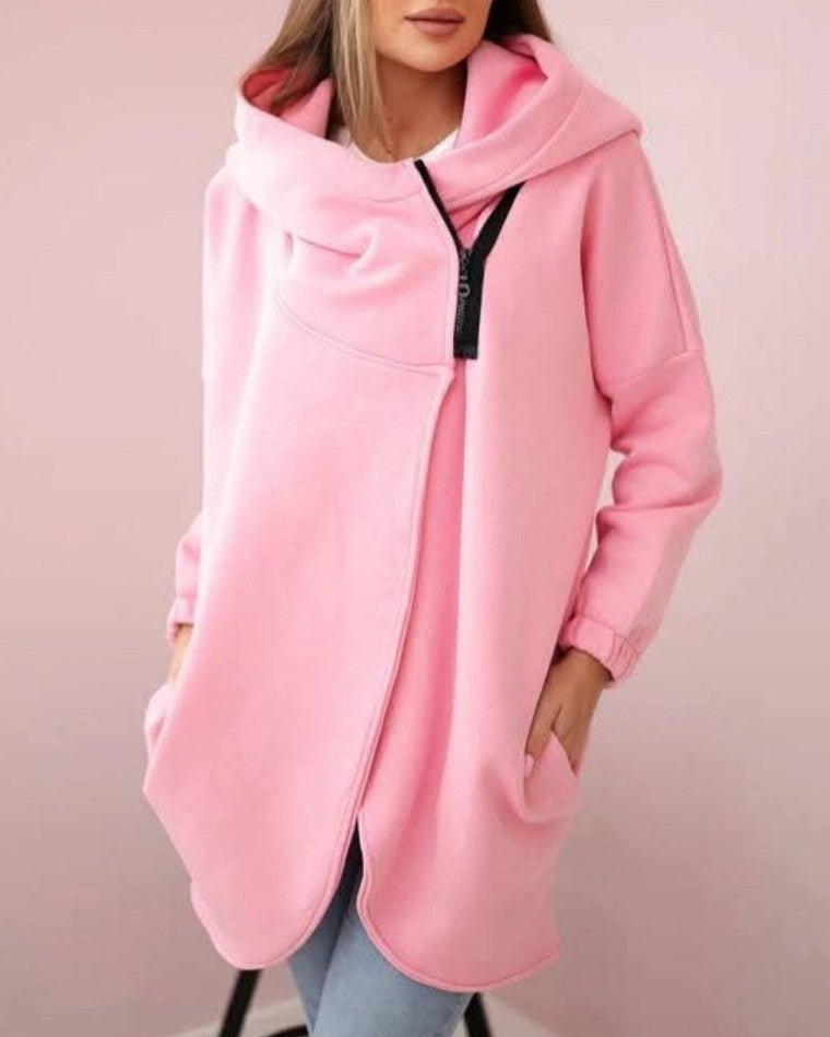 Asymmetric Zip Longline Hoodie Sweatshirt - Pink