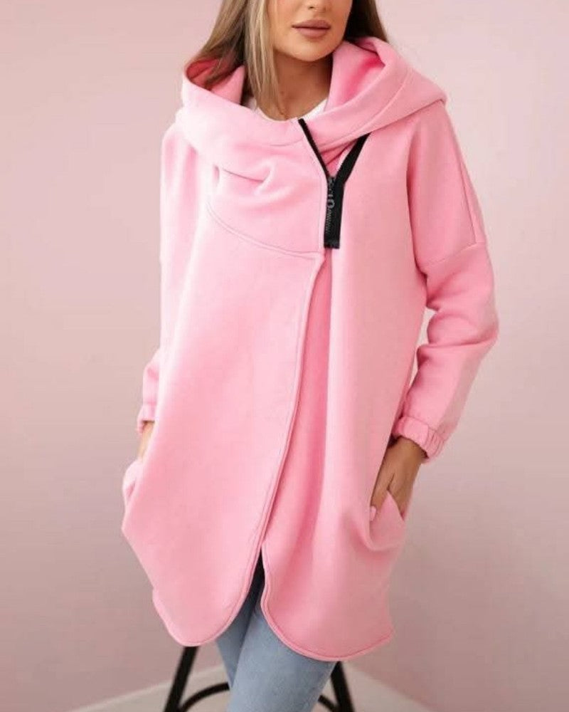 Asymmetric Zip Longline Hoodie Sweatshirt - Pink - 1