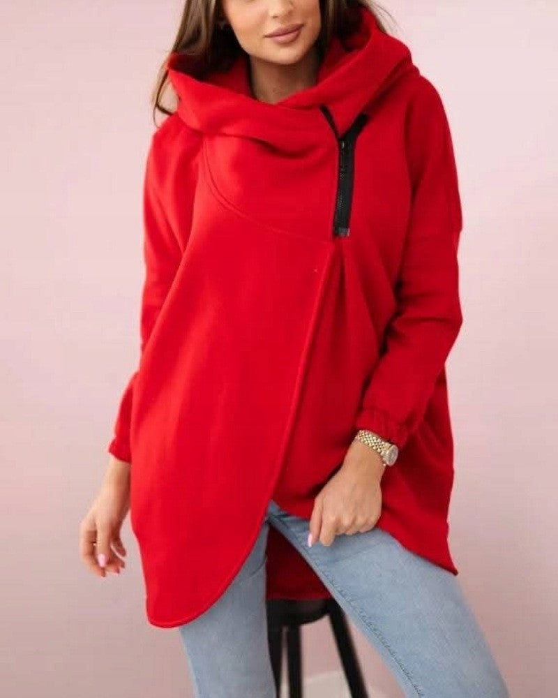 Asymmetric Zip Longline Hoodie Sweatshirt - Red