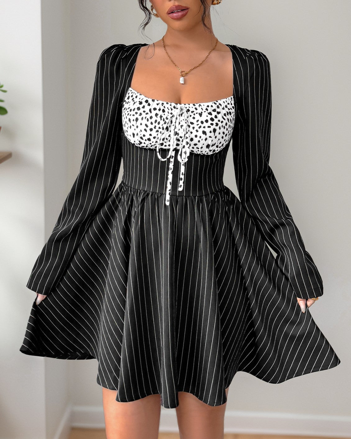 Pinstripe Square Neck Flare Sleeve Mini Dress - Black