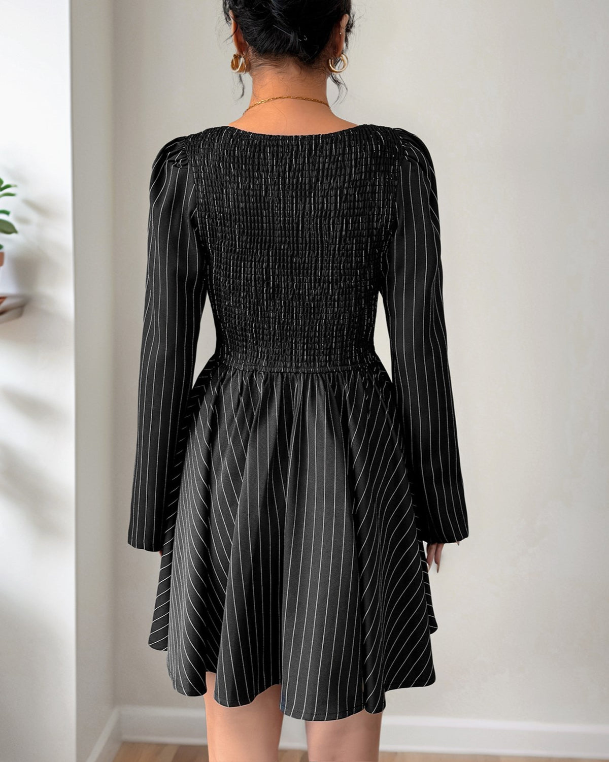 Pinstripe Square Neck Flare Sleeve Mini Dress - Black - 1