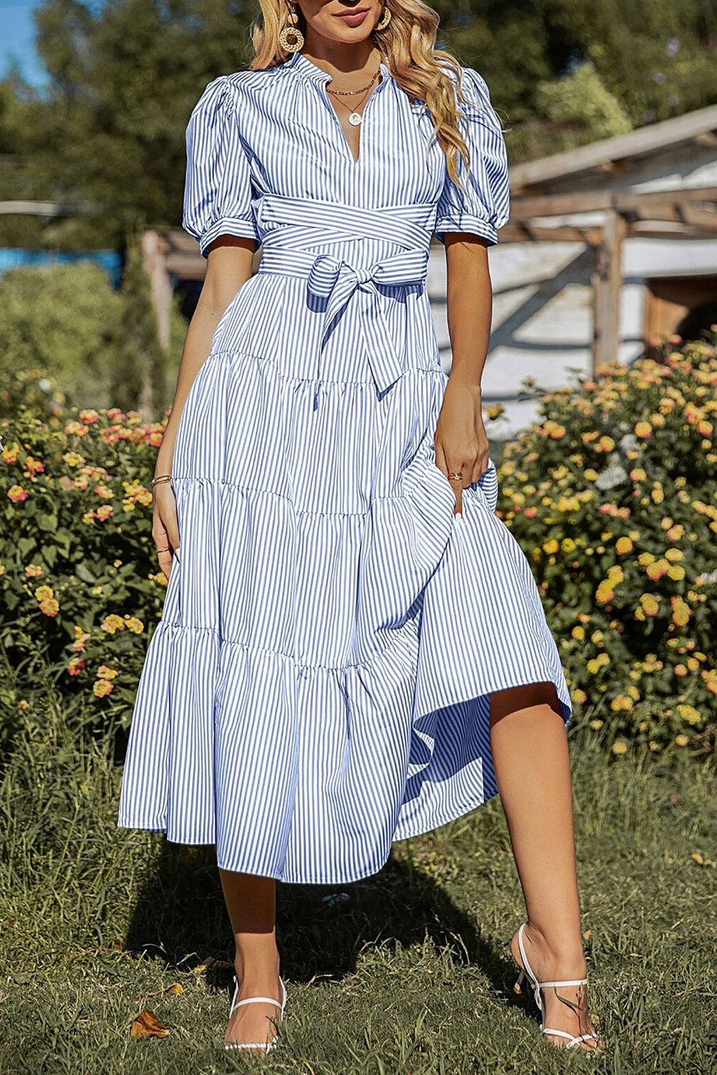Puff Sleeve Tiered Wrap Midi Dress - Blue