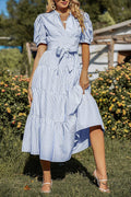 Puff Sleeve Tiered Wrap Midi Dress - Blue
