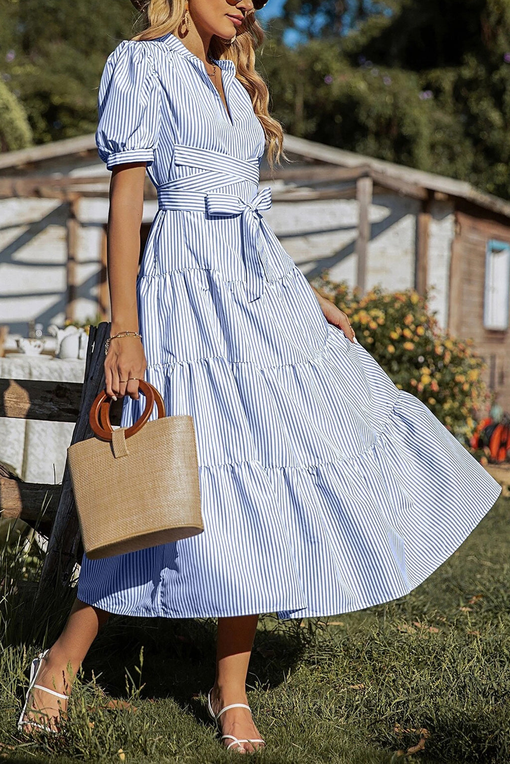 Puff Sleeve Tiered Wrap Midi Dress - Blue - 2