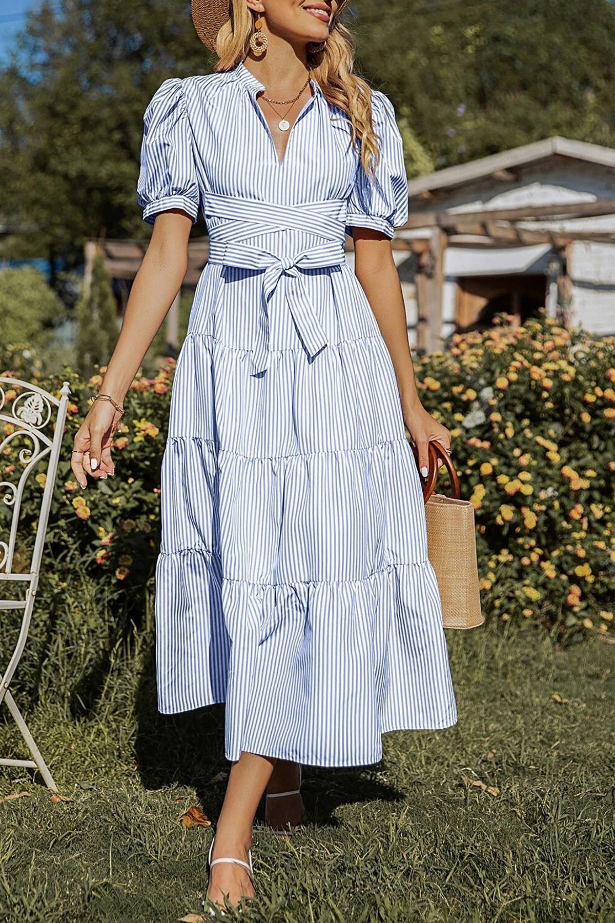Puff Sleeve Tiered Wrap Midi Dress