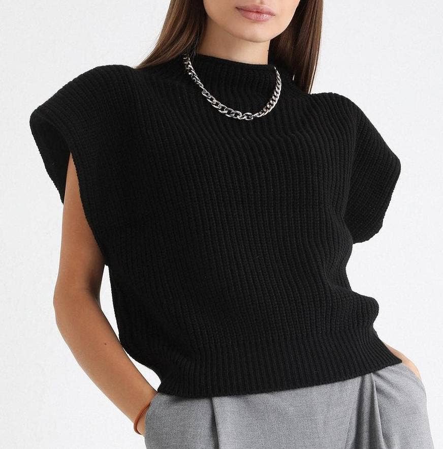 Padded Shoulder Mock Neck Knit Vest