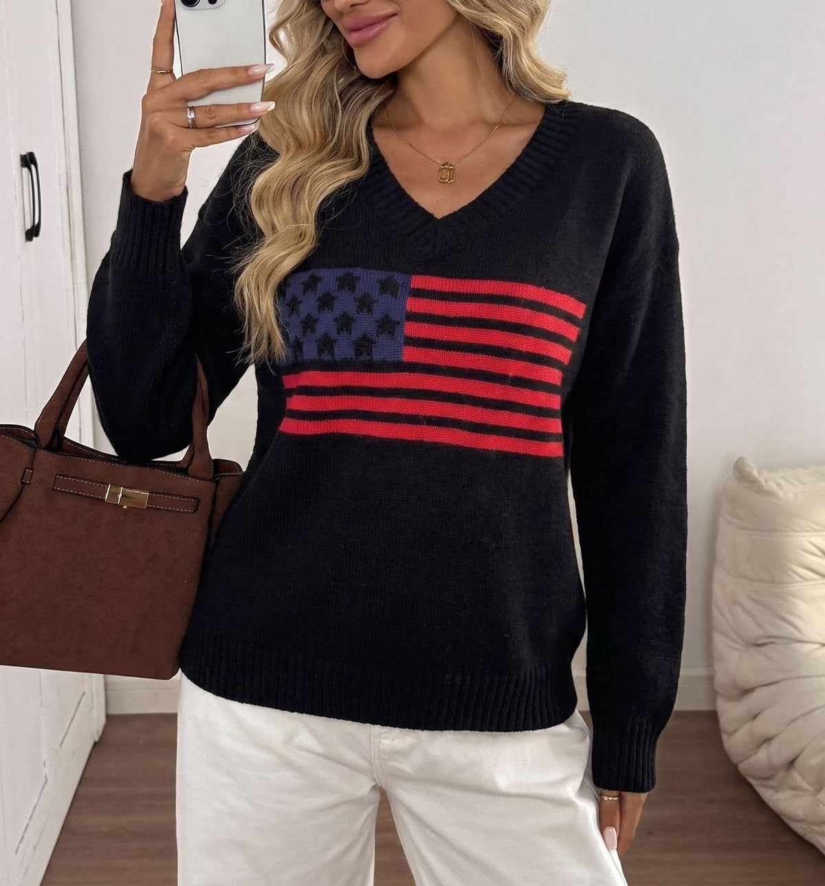 Stars And Stripes Jacquard V Neck Sweater - Black
