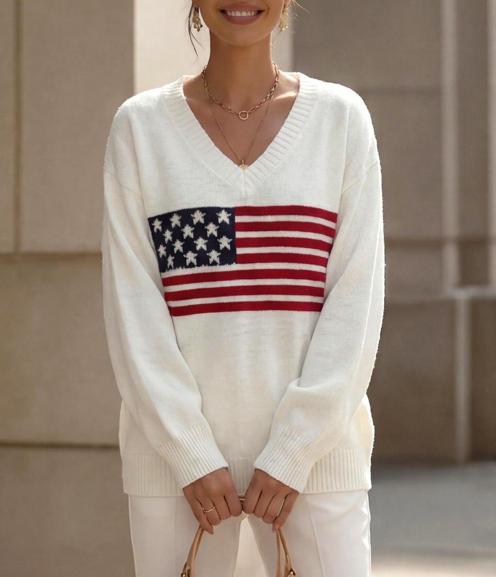 Stars And Stripes Jacquard V Neck Sweater - White