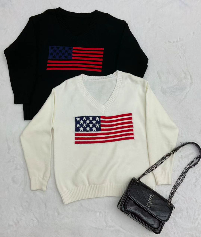 Stars And Stripes Jacquard V Neck Sweater - White - 3