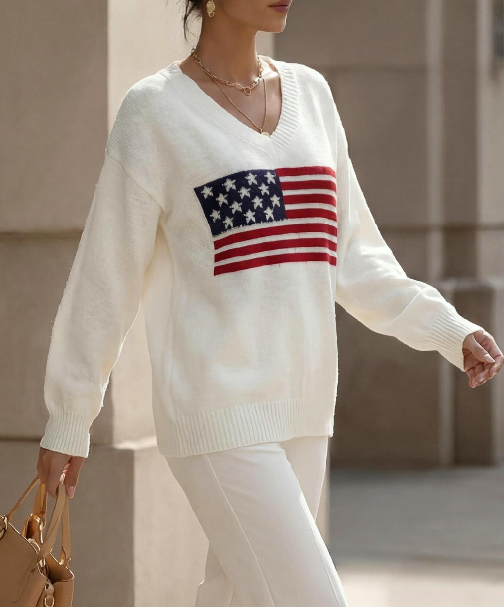 Stars And Stripes Jacquard V Neck Sweater - White - 4