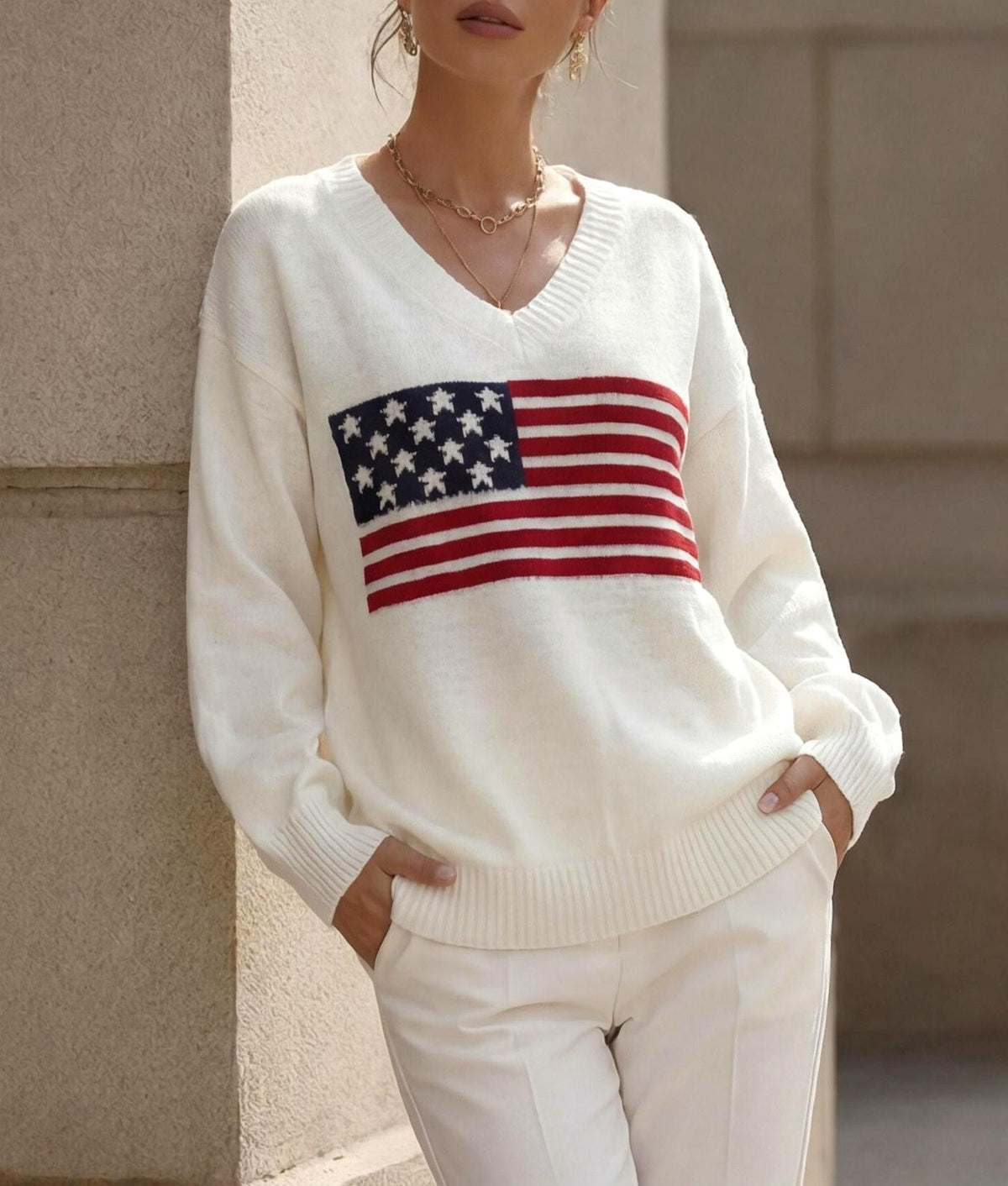 Stars And Stripes Jacquard V Neck Sweater - White - 5