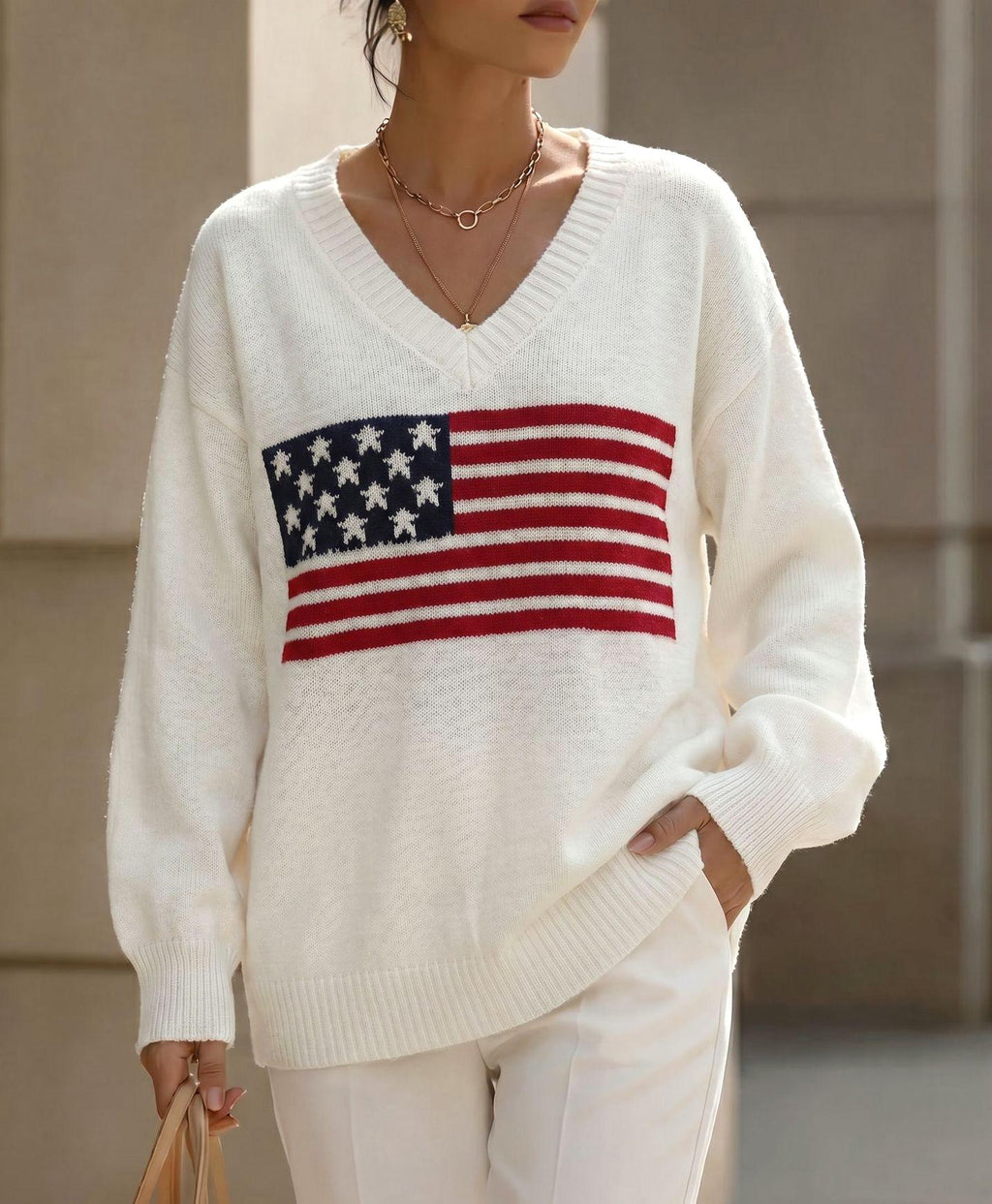 Stars And Stripes Jacquard V Neck Sweater - White - 6