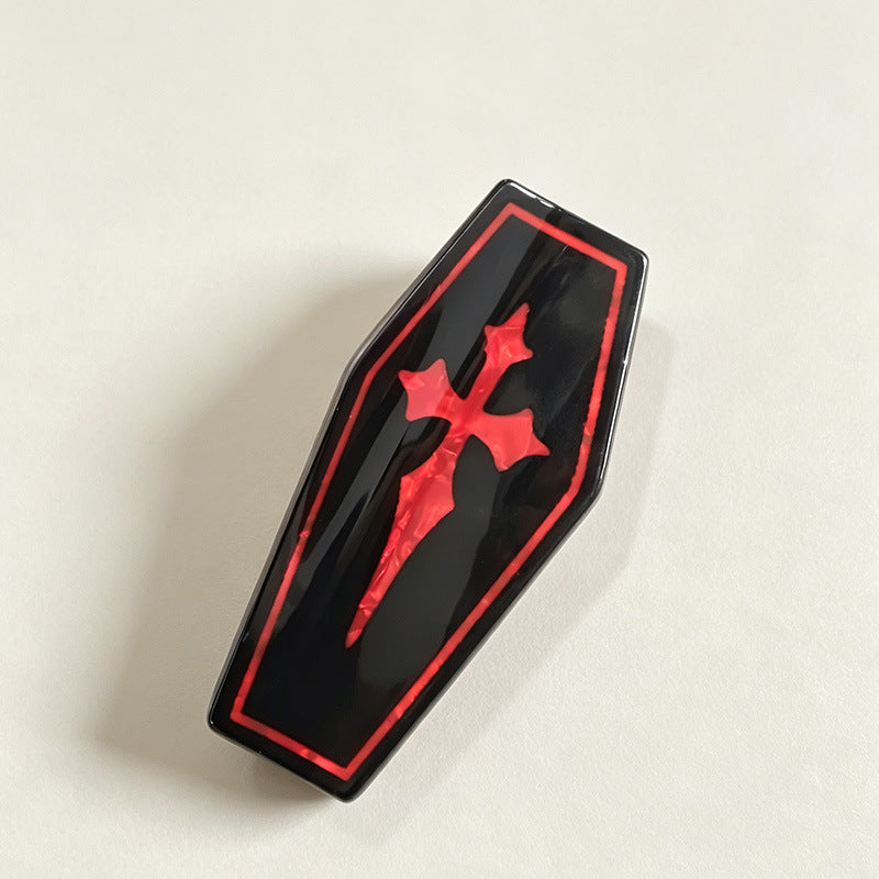 Coffin Shaped Hair Claw Clip With Gothic Cross - Black