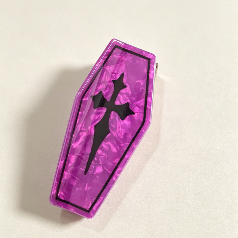 Coffin Shaped Hair Claw Clip With Gothic Cross - Purple