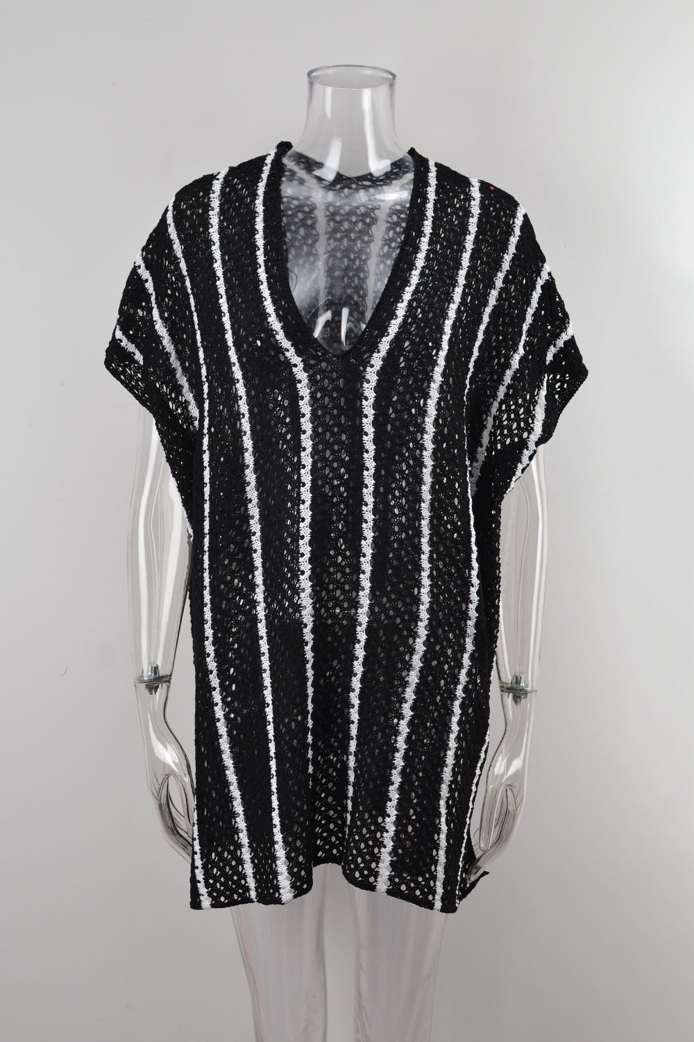 Striped Open Knit Poolside Cover Up - Black - 1