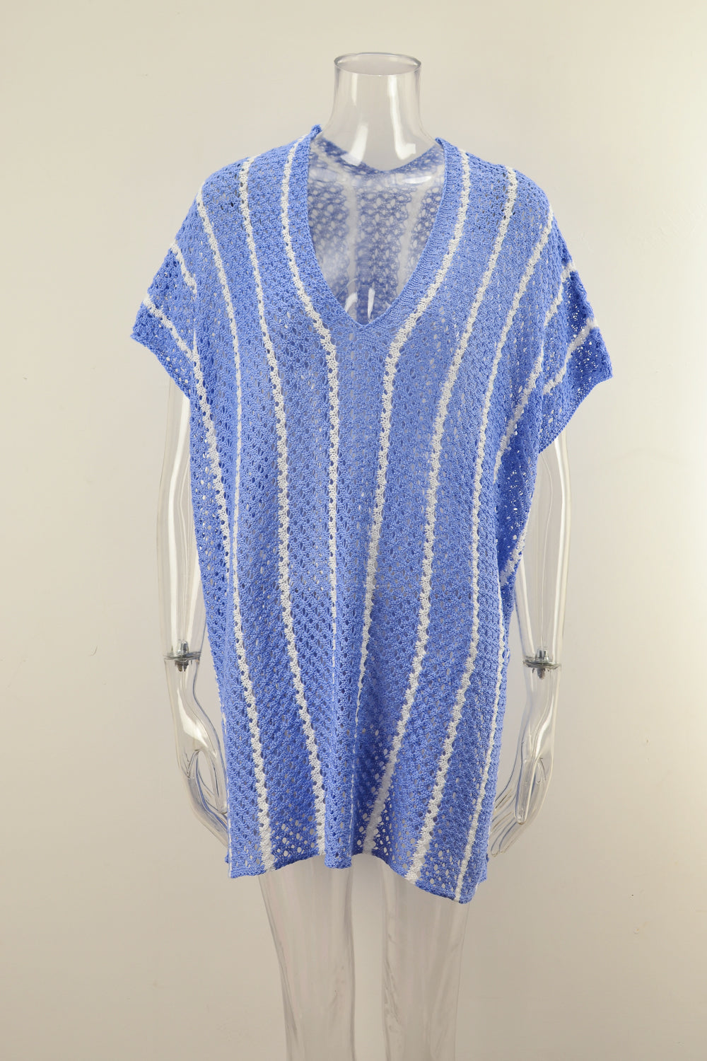 Striped Open Knit Poolside Cover Up - Blue - 1