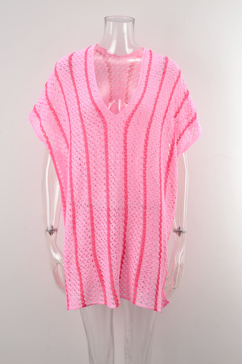 Striped Open Knit Poolside Cover Up - Pink - 1