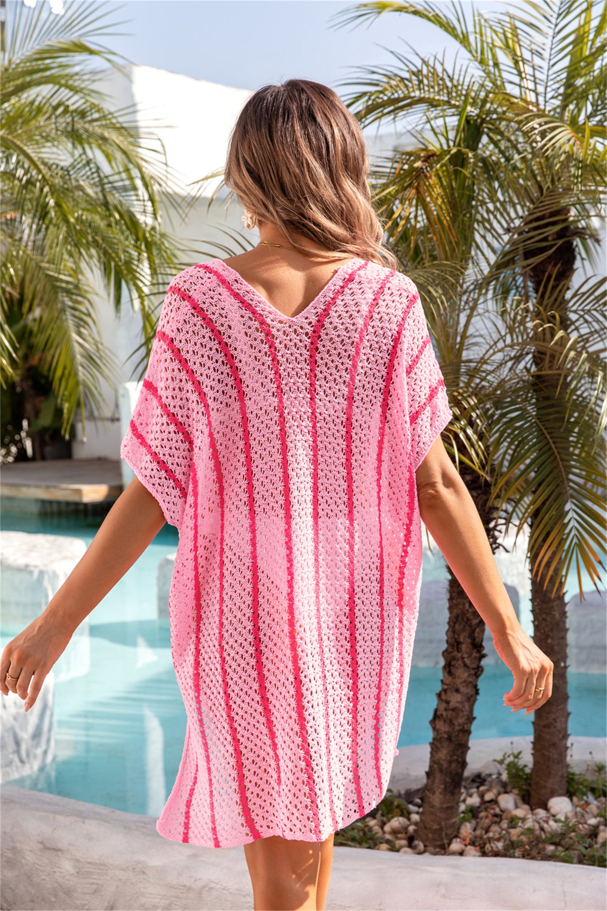 Striped Open Knit Poolside Cover Up - Pink - 2