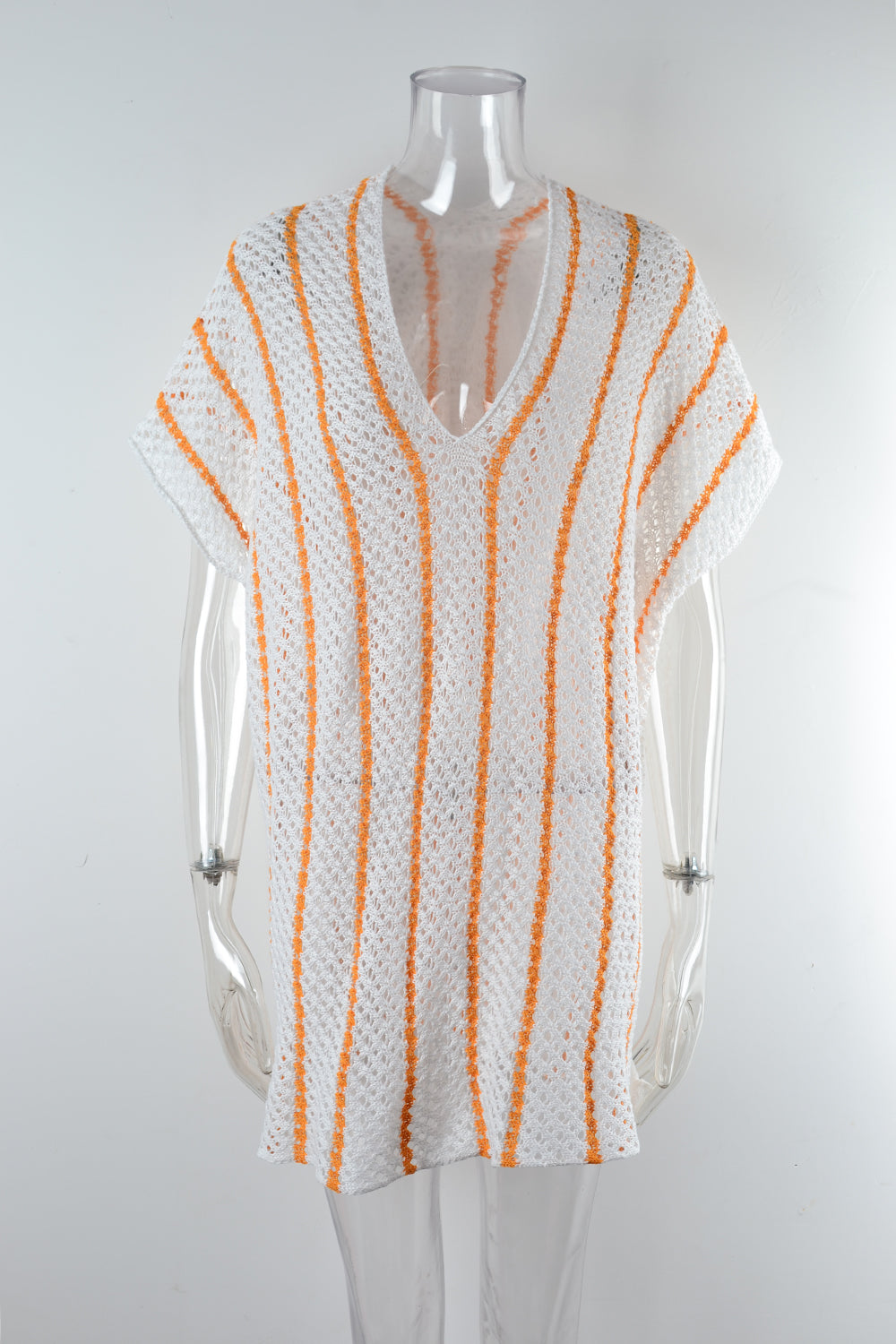 Striped Open Knit Poolside Cover Up - White - 3