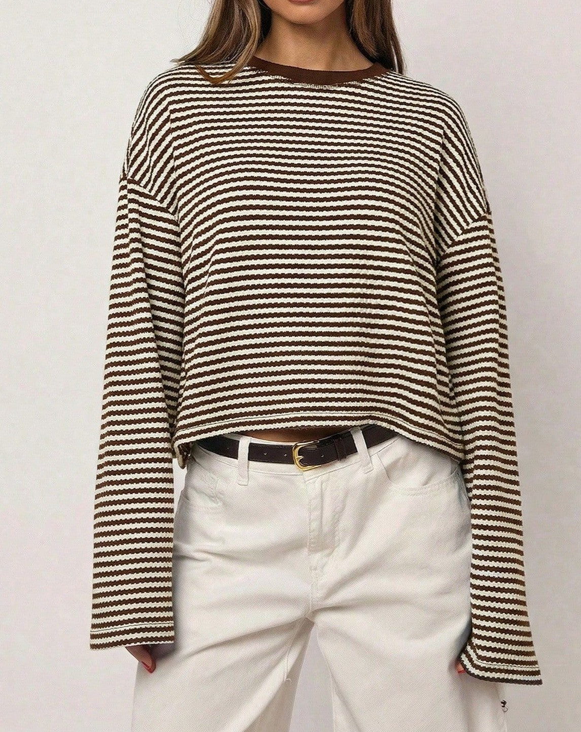 Oversized Boxy Striped Long-Sleeve Knit Tee - Coffee