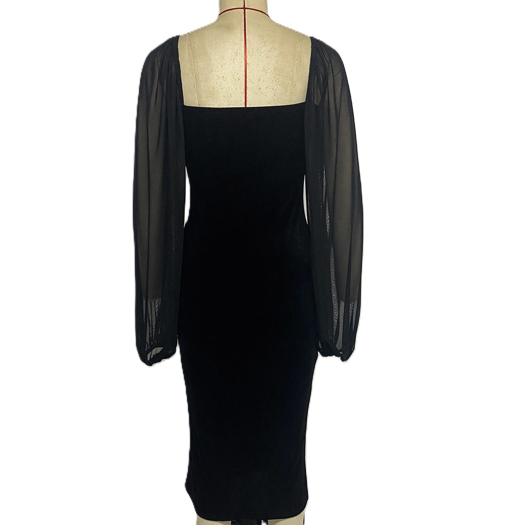 Sweetheart Neck Velvet Bodycon Midi Dress - Black - 1