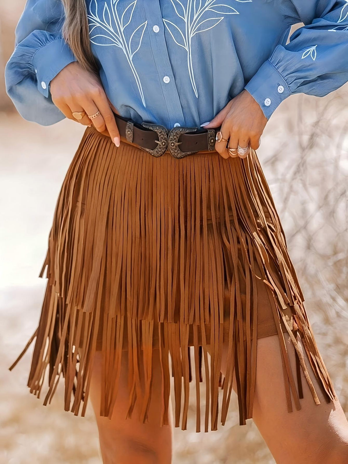 Layered Fringe Suede Mini Skirt - Caramel