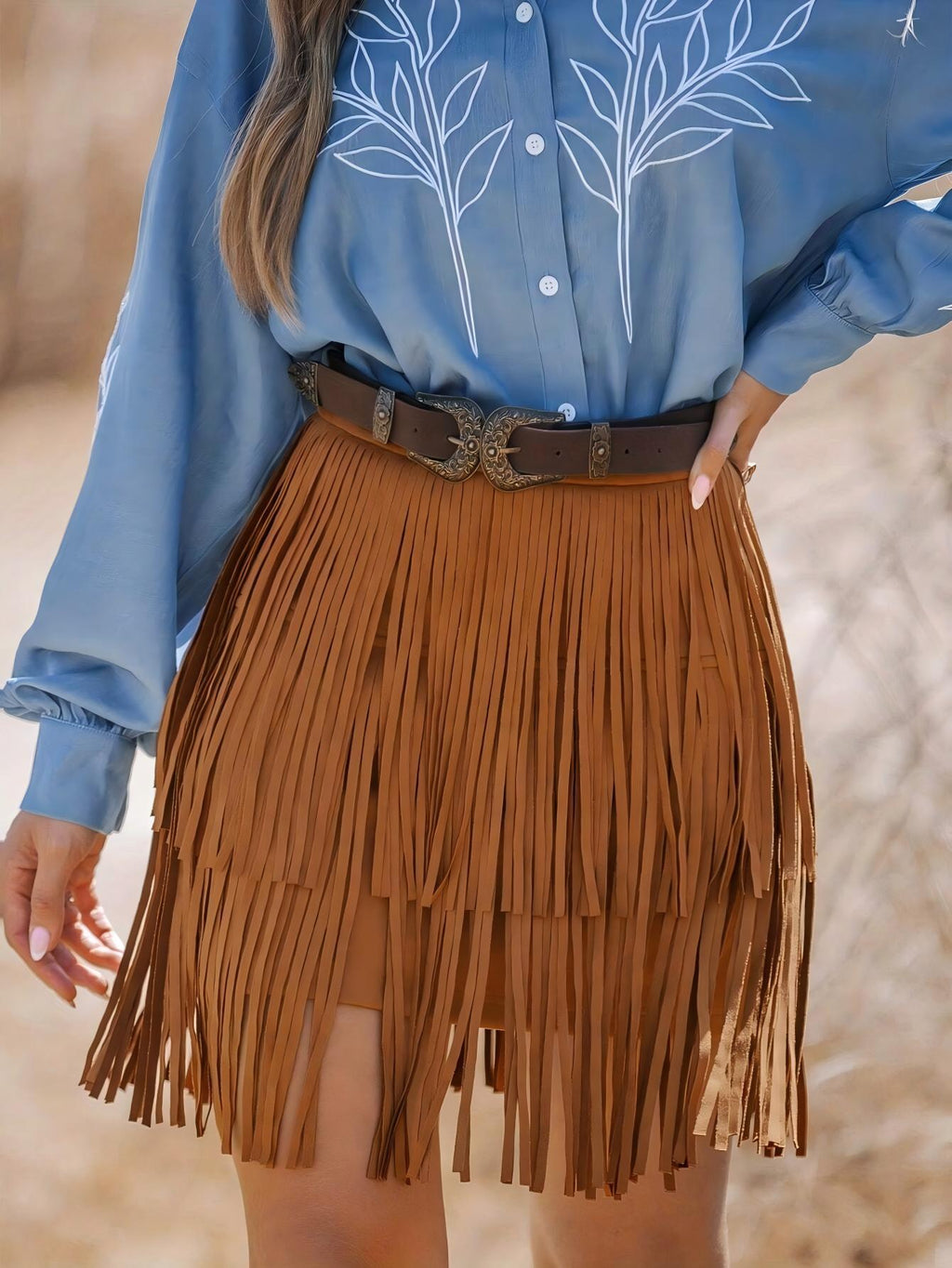 Layered Fringe Suede Mini Skirt - Caramel - 2