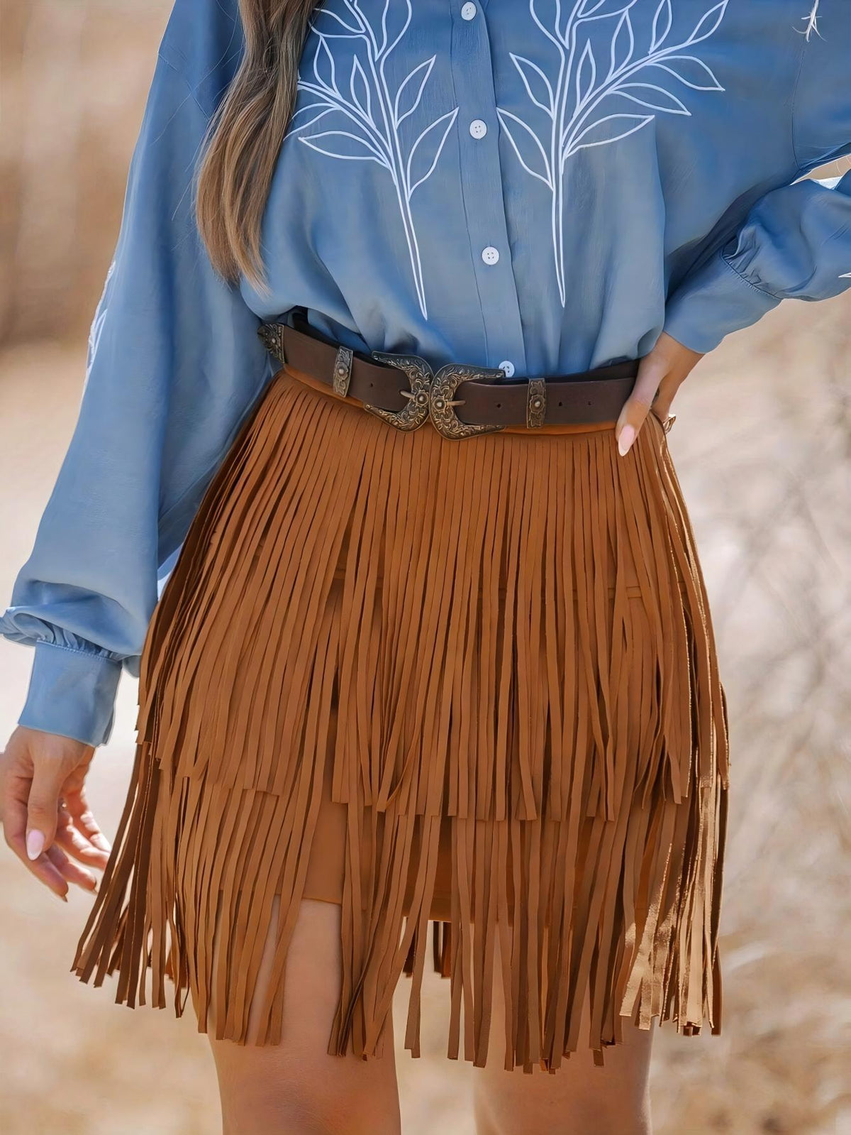Layered Fringe Suede Mini Skirt - Caramel - 2