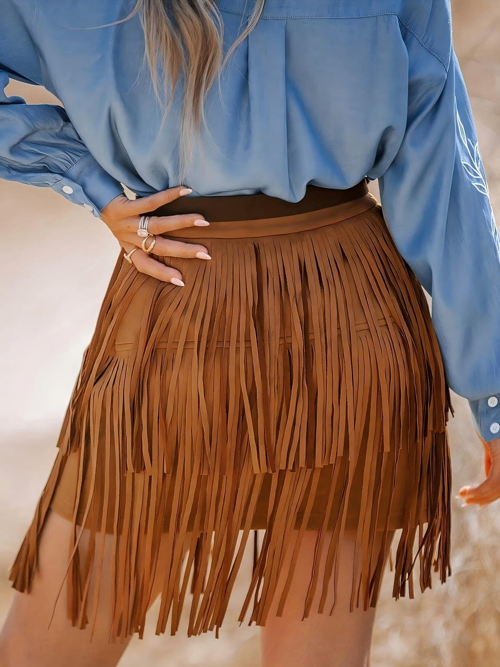 Layered Fringe Suede Mini Skirt - Caramel - 3