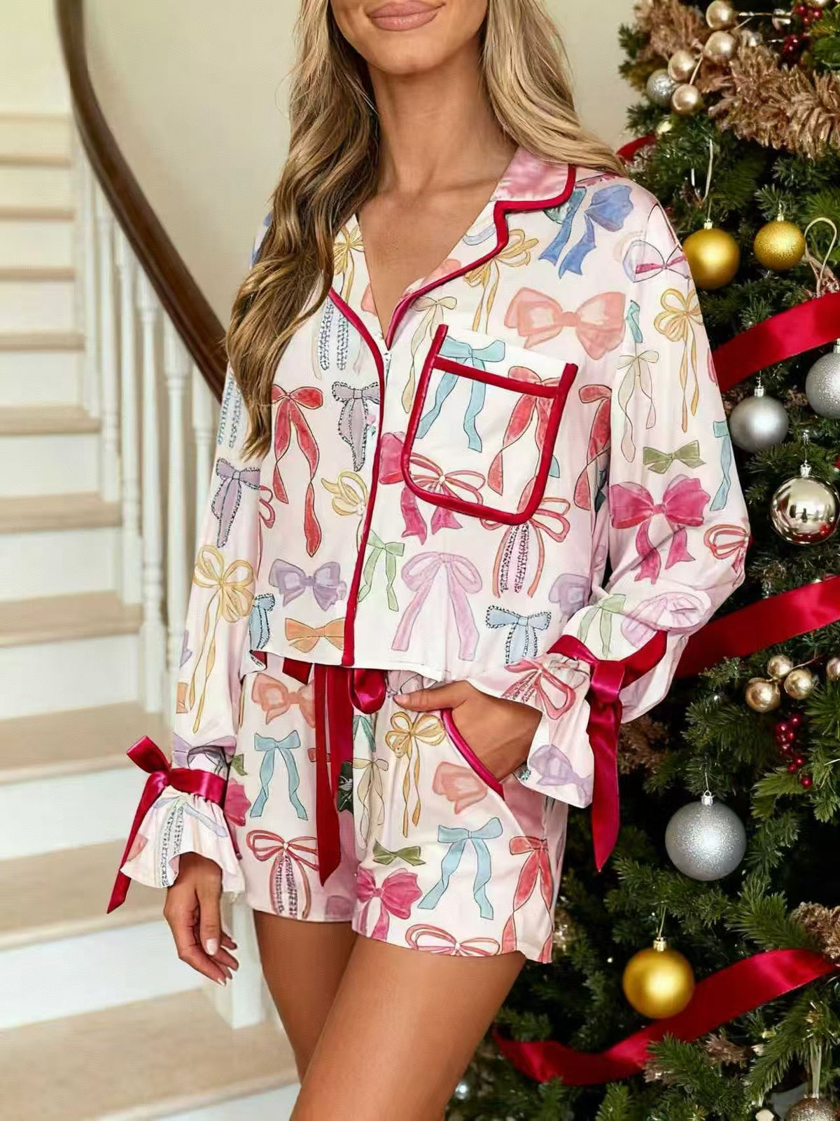 Bow Trim Shirt And Shorts Pajama Set - Bow-1