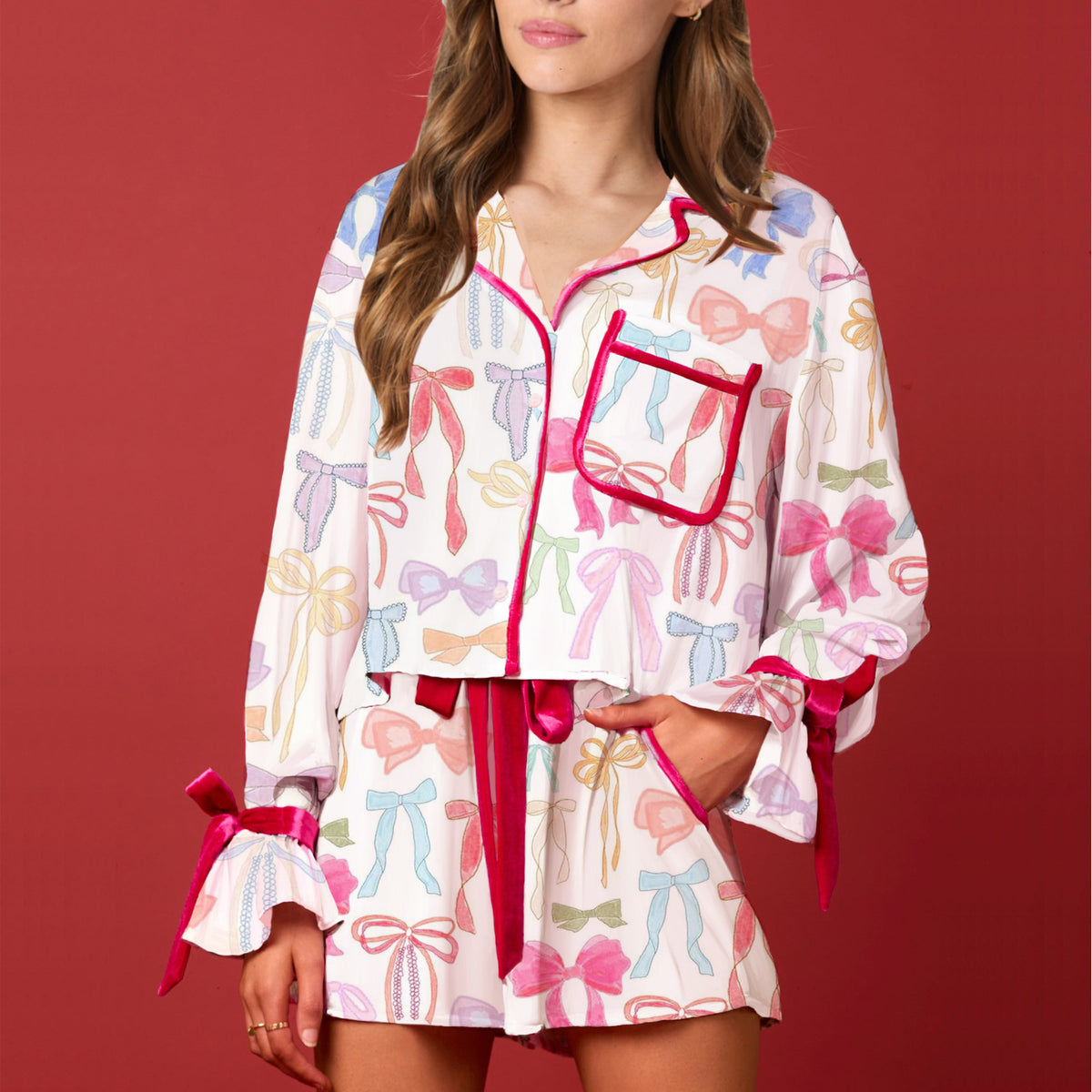 Bow Trim Shirt And Shorts Pajama Set - Bow-1 - 1