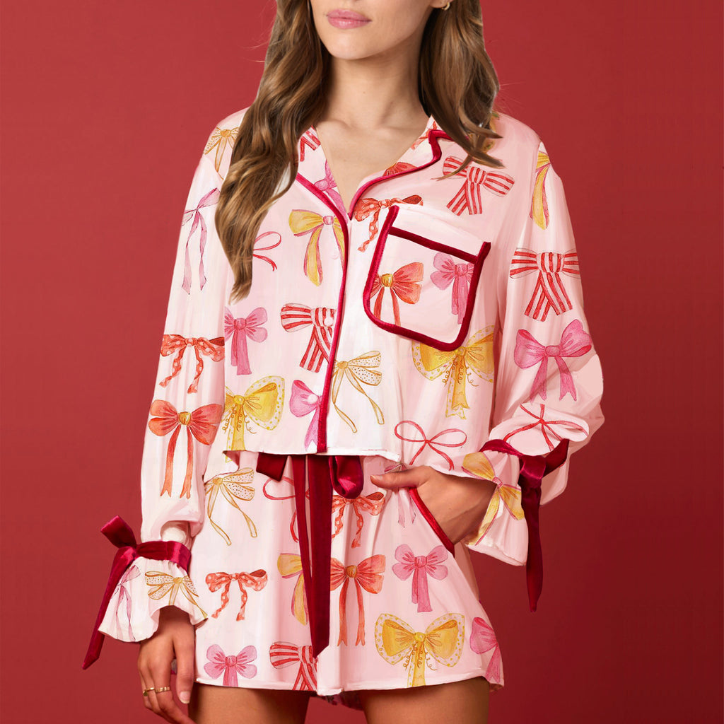 Bow Trim Shirt And Shorts Pajama Set - Bow-2