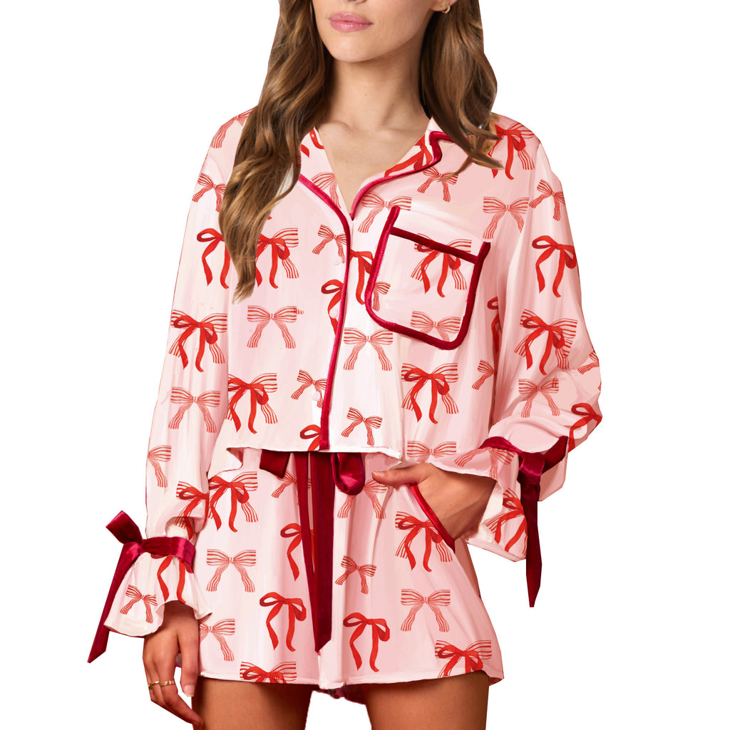 Bow Trim Shirt And Shorts Pajama Set - Bow-3