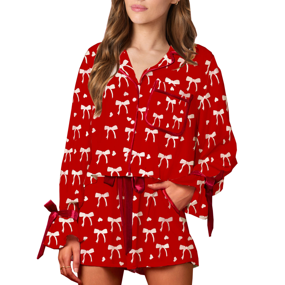 Bow Trim Shirt And Shorts Pajama Set - Bow-4